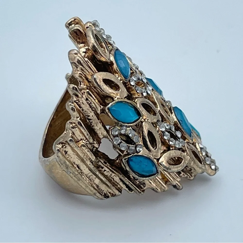 Vintage Gold-Tone Cocktail Ring with Blue Glass and Rhinestones Art Deco Sz 6